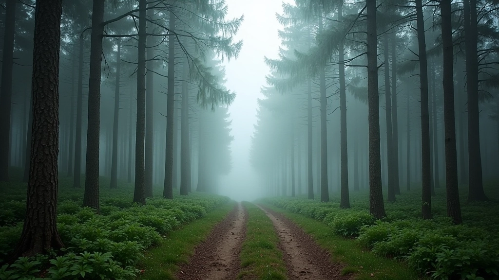 Ancient pine forest with morning light filtering through trees in Slītere National Park