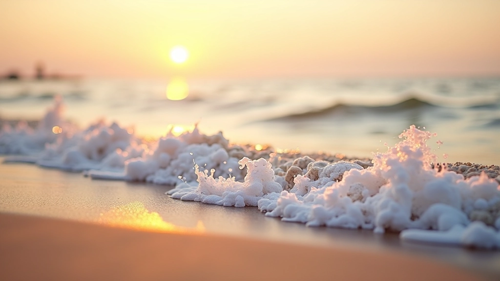 Calm Baltic Sea waves rolling onto sandy beach during golden hour, peaceful seascape