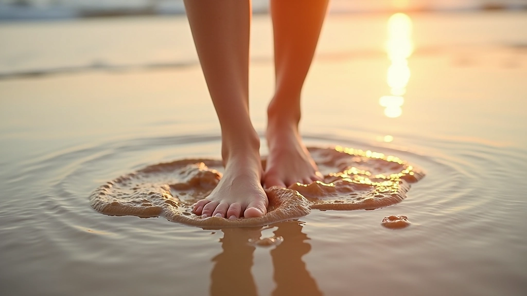 Person's bare feet walking in shallow Baltic Sea water, close-up of footprints in sand
