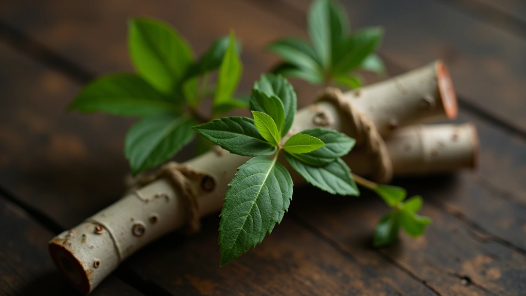 Close-up of traditional birch vihta branches tied together, fresh green leaves, rustic wooden background