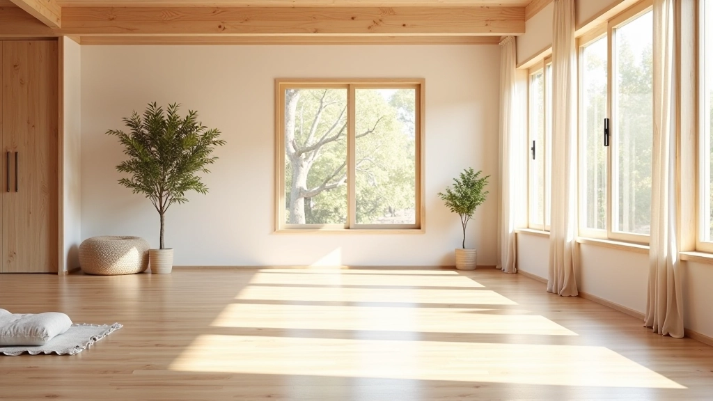 Yoga studio interior with natural light and wooden floors