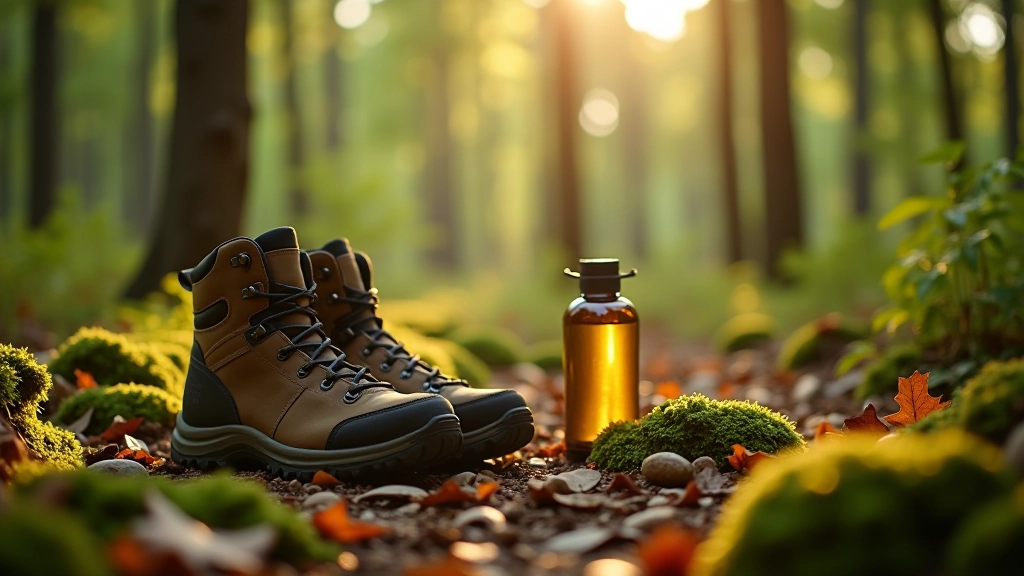 Hiking boots and water bottle on forest ground surrounded by moss and leaves