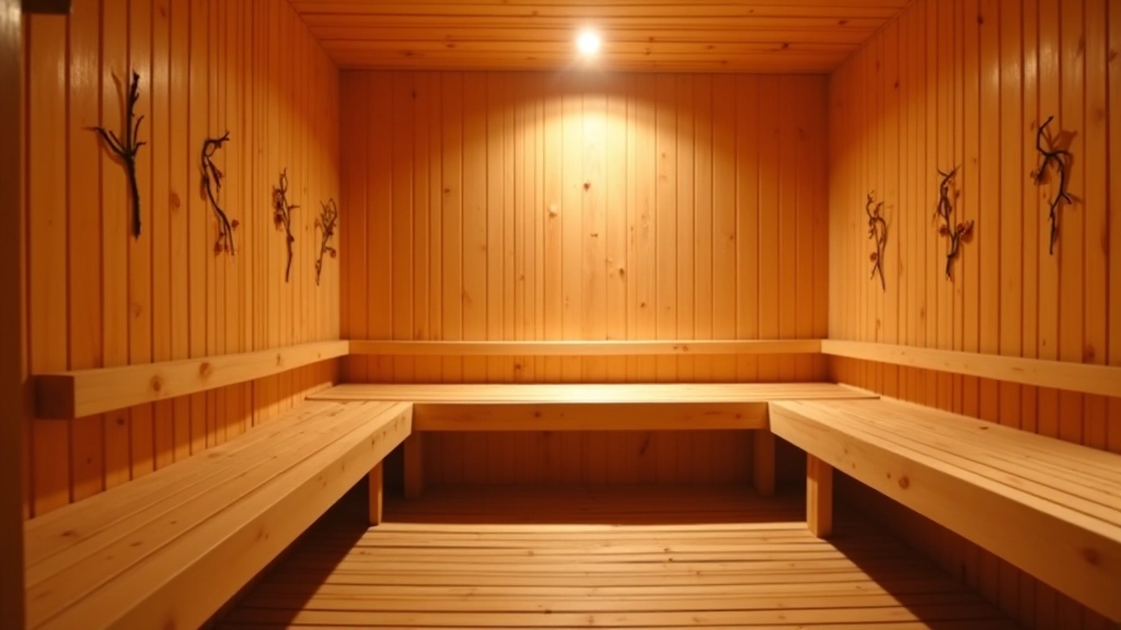Interior view of traditional wooden pirts sauna with wooden benches, warm ambient lighting, and birch branches on shelves