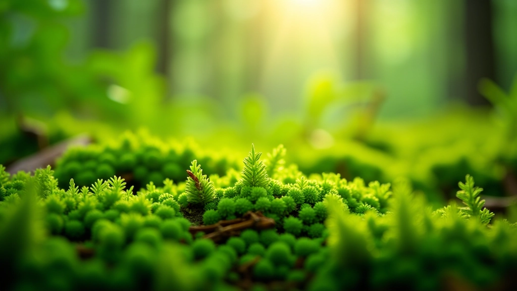 Close-up of moss and ferns on forest floor with natural green tones, forest ecosystem detail