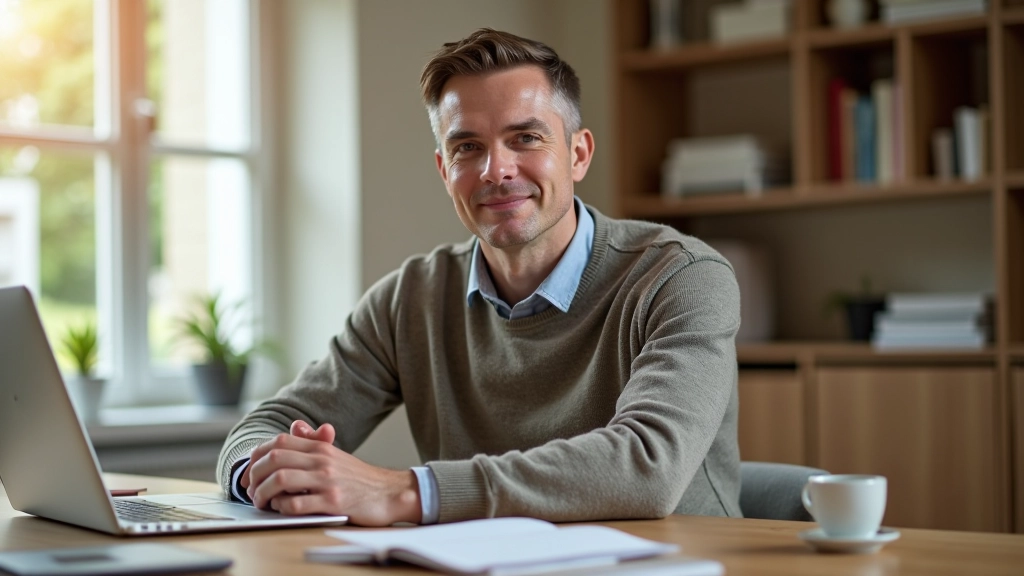 Andris Kalniņš working at his desk in a bright modern office, surrounded by research materials about Latvian wellness traditions and forest bathing studies