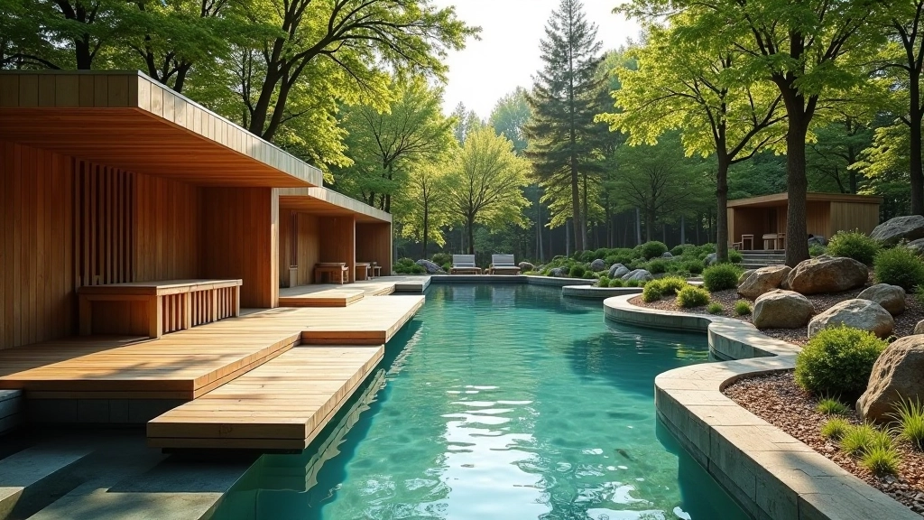 Cold water pool or ice bath next to traditional sauna building, outdoor setting, natural landscape