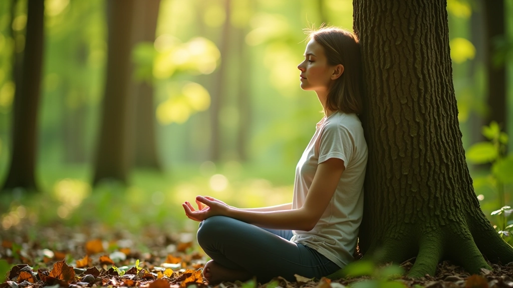 Person sitting on forest floor with back against tree, peaceful meditative pose, natural forest setting