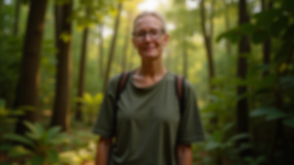 Person standing peacefully among tall evergreen trees, dappled sunlight through canopy, serene expression