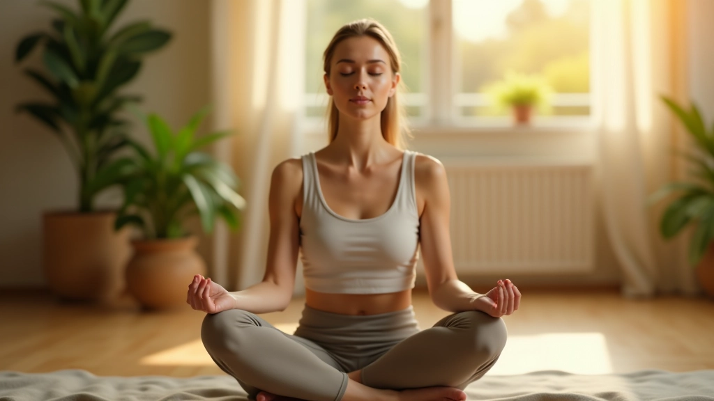 Person meditating in lotus position in peaceful indoor space with soft lighting and plants around them