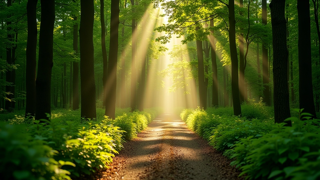 Tranquil forest path in Slītere National Park with natural light filtering through the trees
