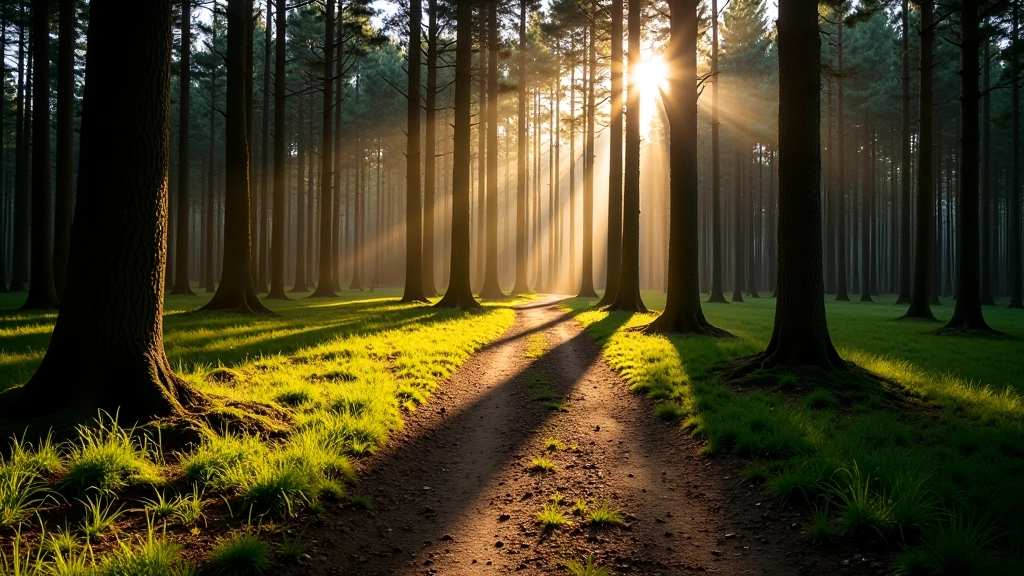 Serene forest path with sunlight filtering through tall pine trees, peaceful woodland setting in Latvia