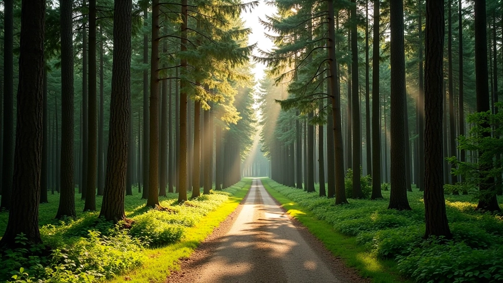 Wide forest path lined with mature pine and spruce trees, dappled sunlight, peaceful walking trail