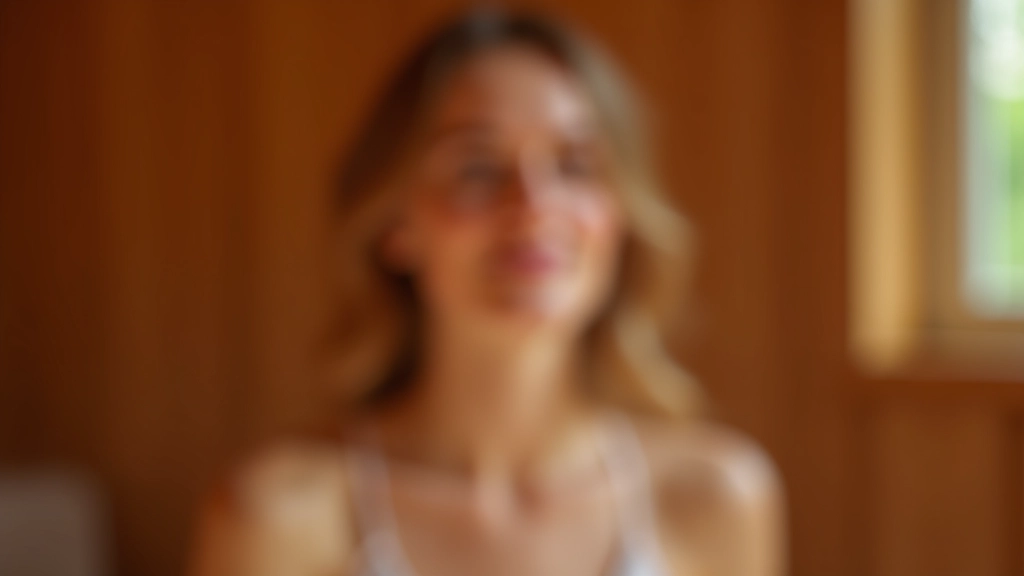 Woman relaxing on wooden bench after sauna, peaceful expression, natural light from window, peaceful spa environment