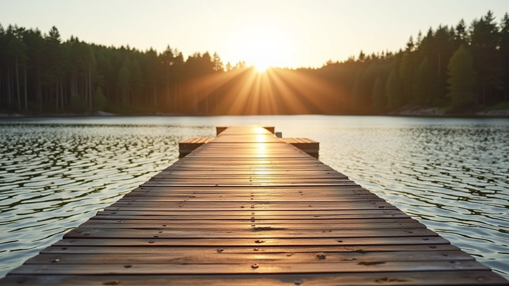 Wooden pier extending into calm Baltic Sea with pine forest visible in background, Jūrmala beach scene