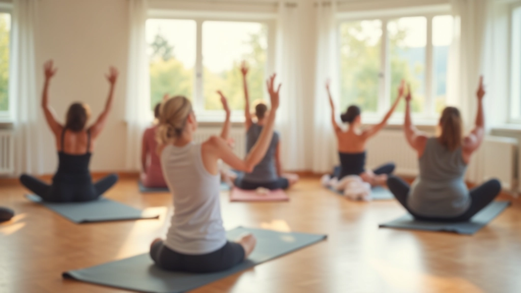 Different yoga poses demonstrated by practitioners in a bright studio space with wooden floors and natural light