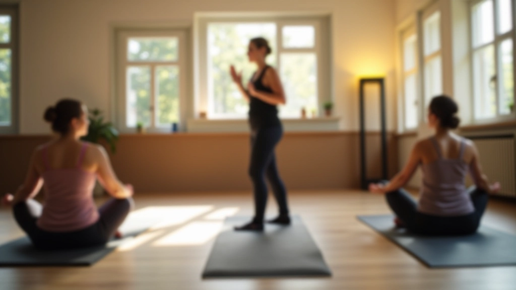 Yoga class in studio with instructor and students in peaceful meditation pose, calm interior space