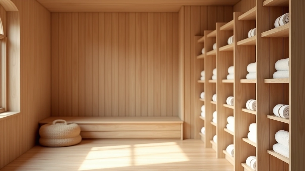 Neatly organized yoga studio changing area with cubbies and towels ready for class participants