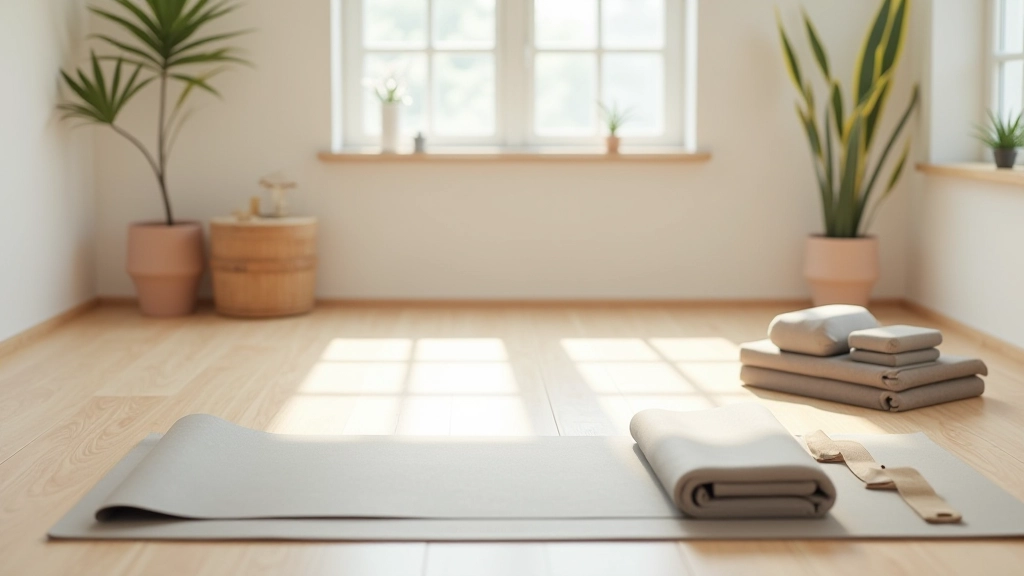 Yoga mat and props laid out in a studio space with beginner-friendly setup, showing blocks straps and blankets neatly arranged